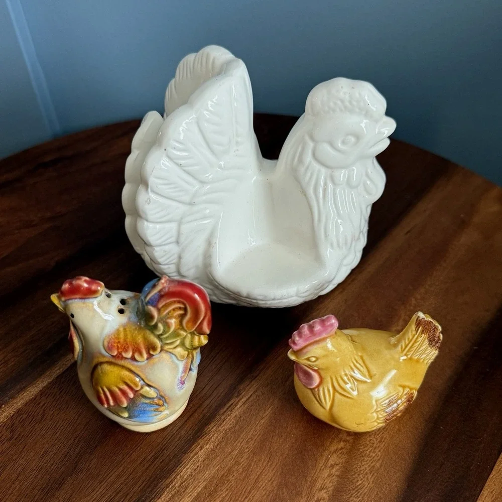 Vintage‎ Rooster Napkin Holder Salt Pepper Set Chicken Japan Farmhouse Davar